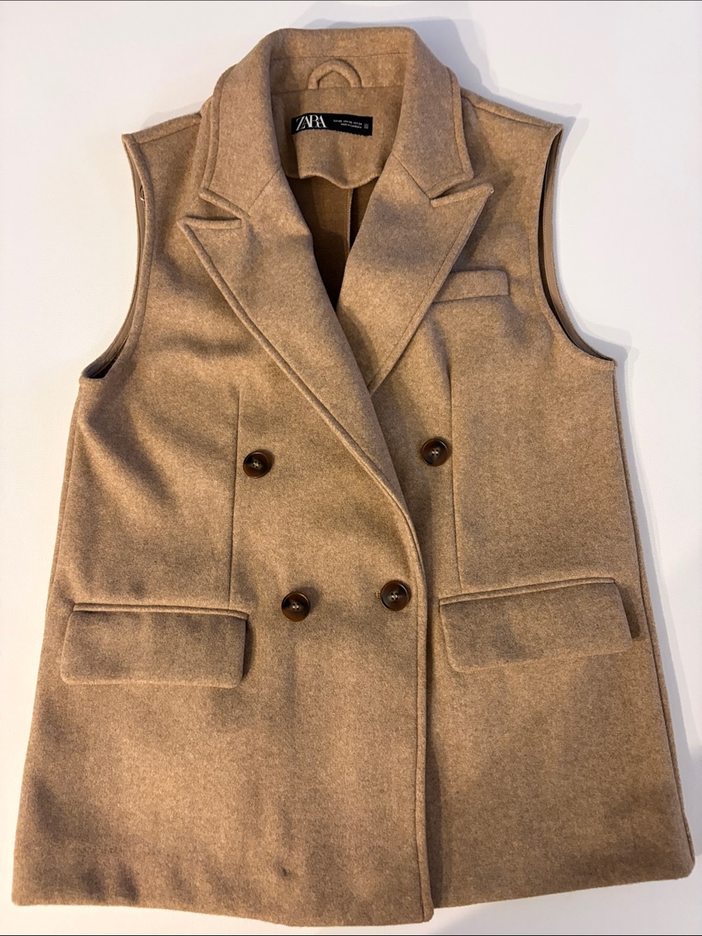ZARA XS CAMEL DOUBLE BREASTED LONGLINE BLAZER VEST TAILORED SLEEVELESS